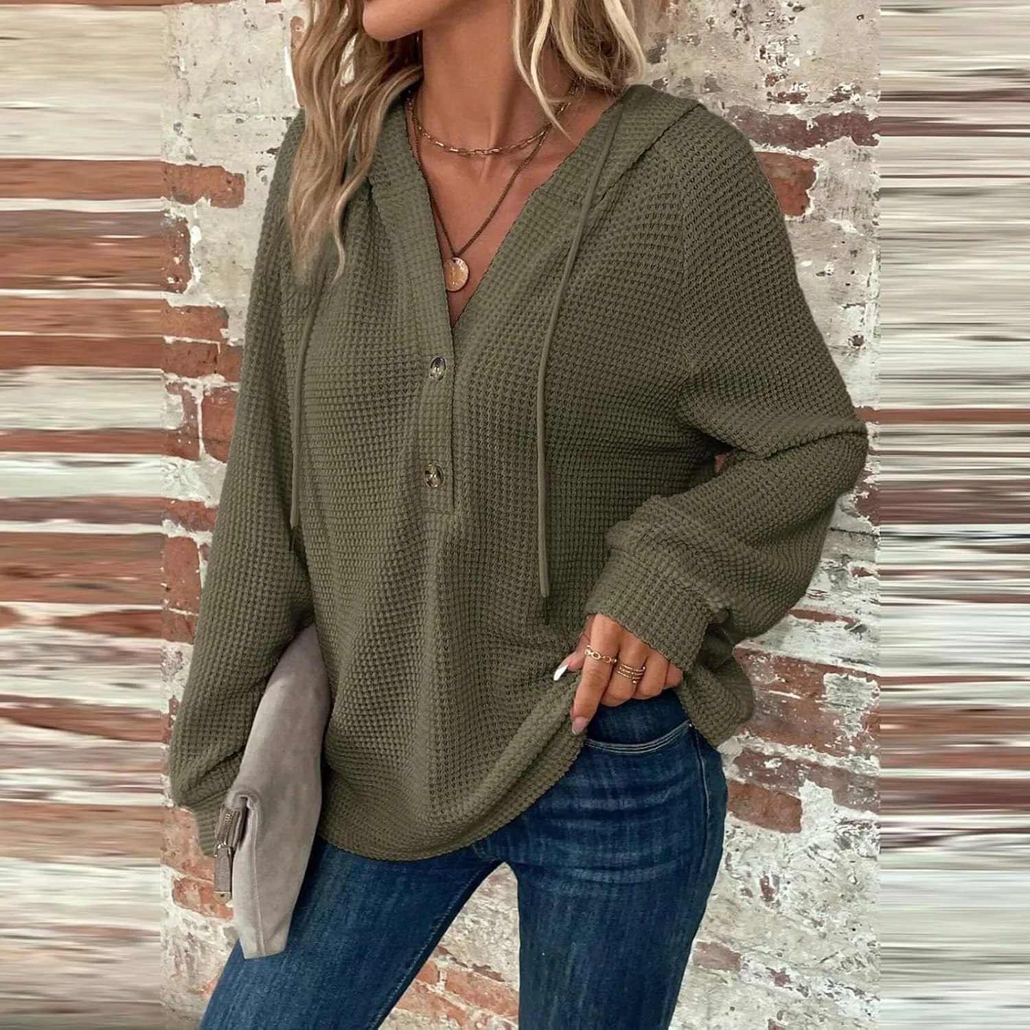 Hoodies For Women, Trendy V Neck Drawstring Long Sleeve Sweatshirts With Hood Comfy Streetwear Fall Pullover Tops