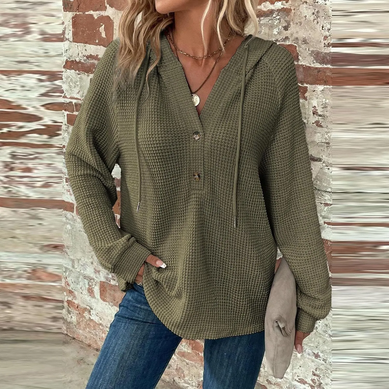 Hoodies For Women, Trendy V Neck Drawstring Long Sleeve Sweatshirts With Hood Comfy Streetwear Fall Pullover Tops