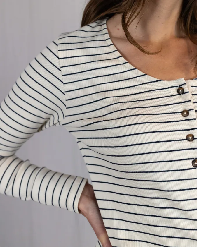 Ivy Iris Organic Cotton Ecru/Navy Fine Stripe Rib T-Shirt