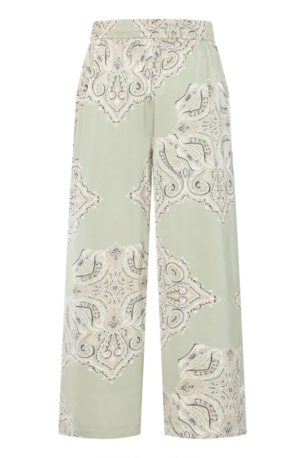 JANNIKE Palazzo Trousers in Muted Pistachio Green Paisley