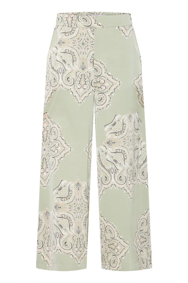 JANNIKE Palazzo Trousers in Muted Pistachio Green Paisley