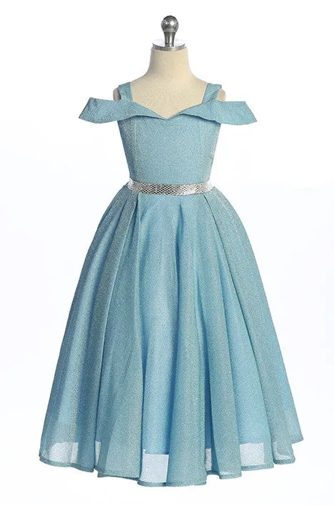 Light Blue Girls's Off The Shoulder Metallic Fabric Dress