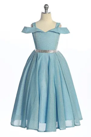 Light Blue Girls's Off The Shoulder Metallic Fabric Dress