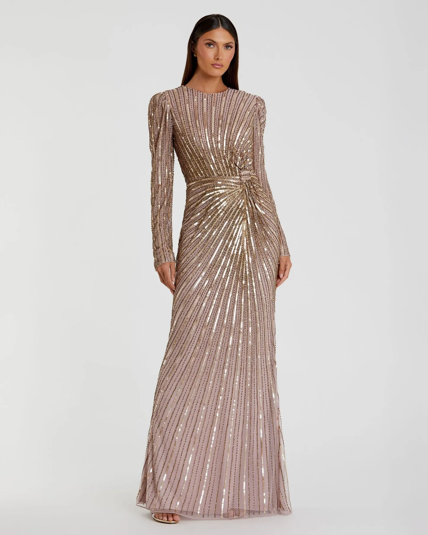 Light Brown Embellished Puff Sleeve Side Knot Gown - Mocha