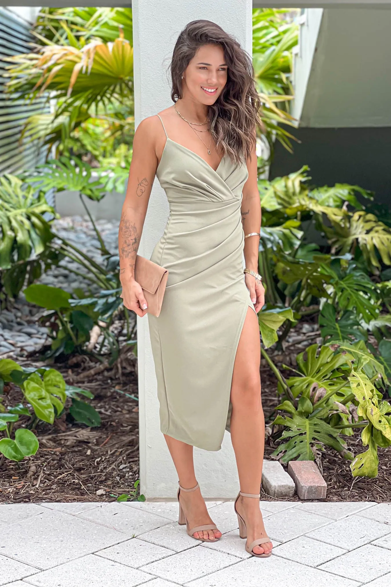 Light Olive Ruched Side Dress With Slit