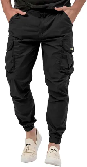 Men's Cargo Pants Cotton Casual Hiking Joggers Slim Fit Stretch Lightweight Work Trousers with Pocket Drawstring Waist