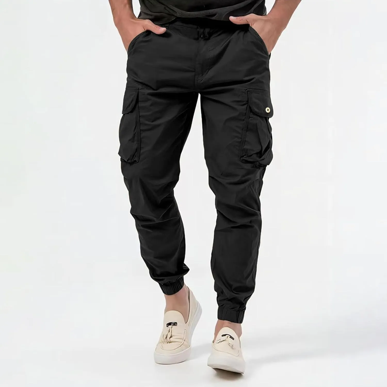 Men's Cargo Pants Cotton Casual Hiking Joggers Slim Fit Stretch Lightweight Work Trousers with Pocket Drawstring Waist