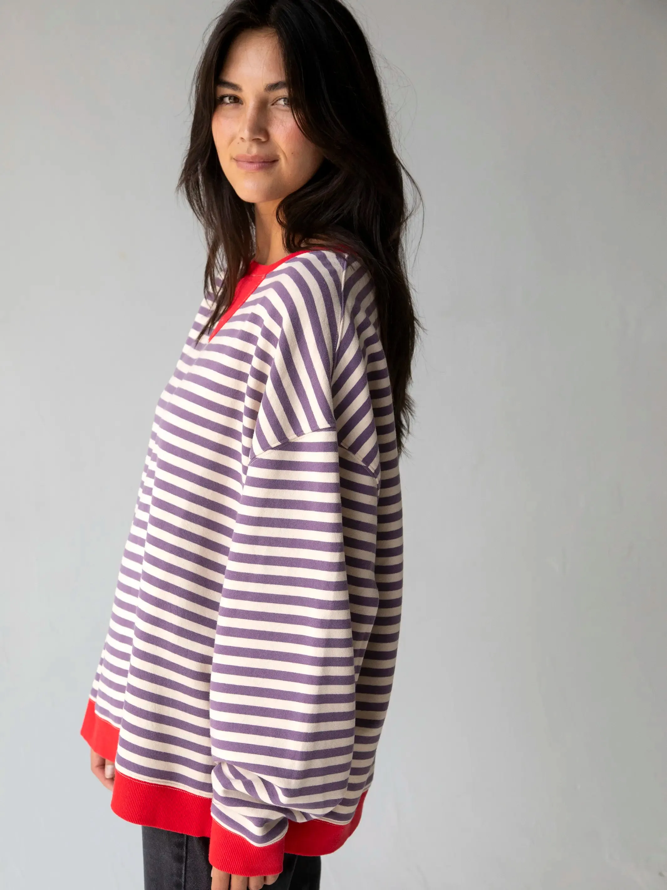 Oversized Striped Sweatshirt - Cream Purple Stripes