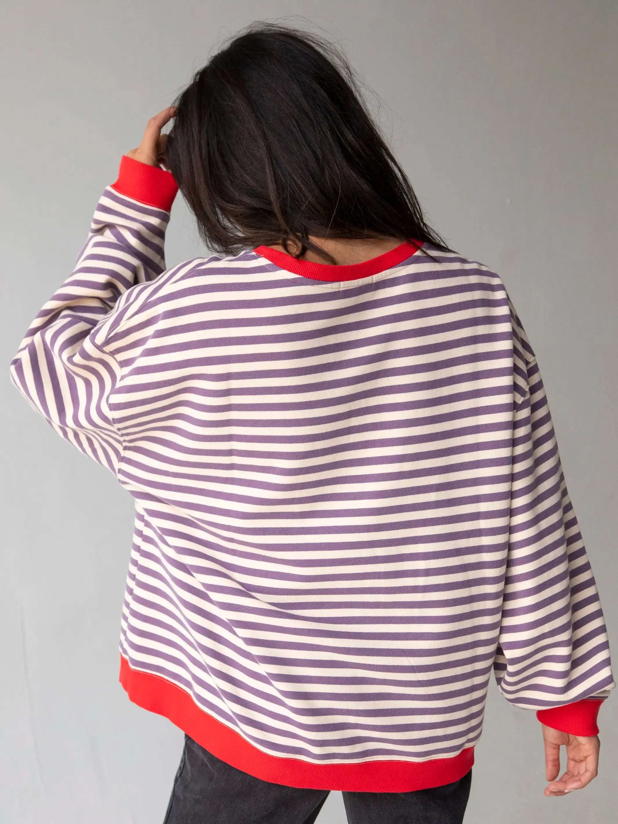 Oversized Striped Sweatshirt - Cream Purple Stripes