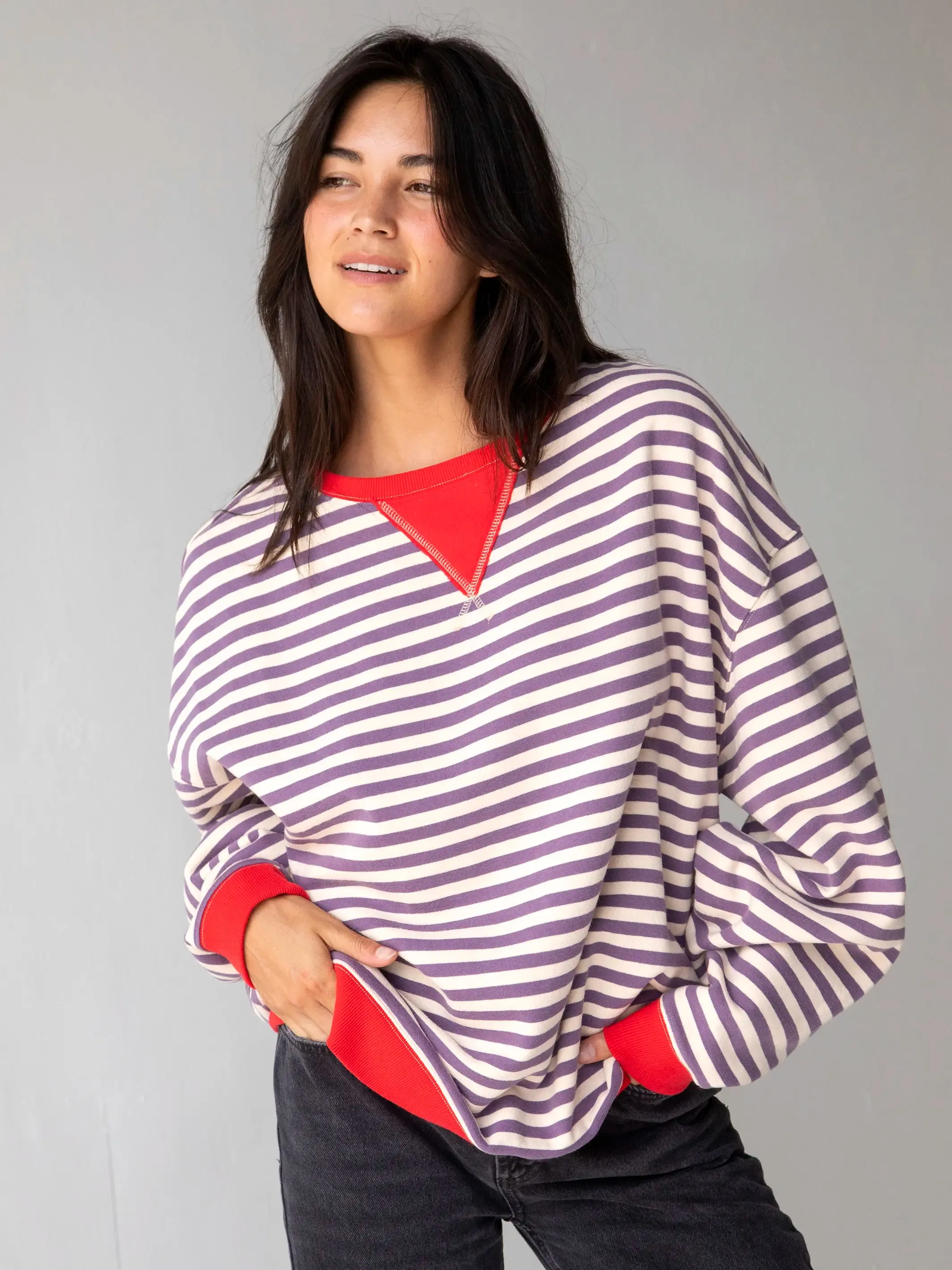 Oversized Striped Sweatshirt - Cream Purple Stripes