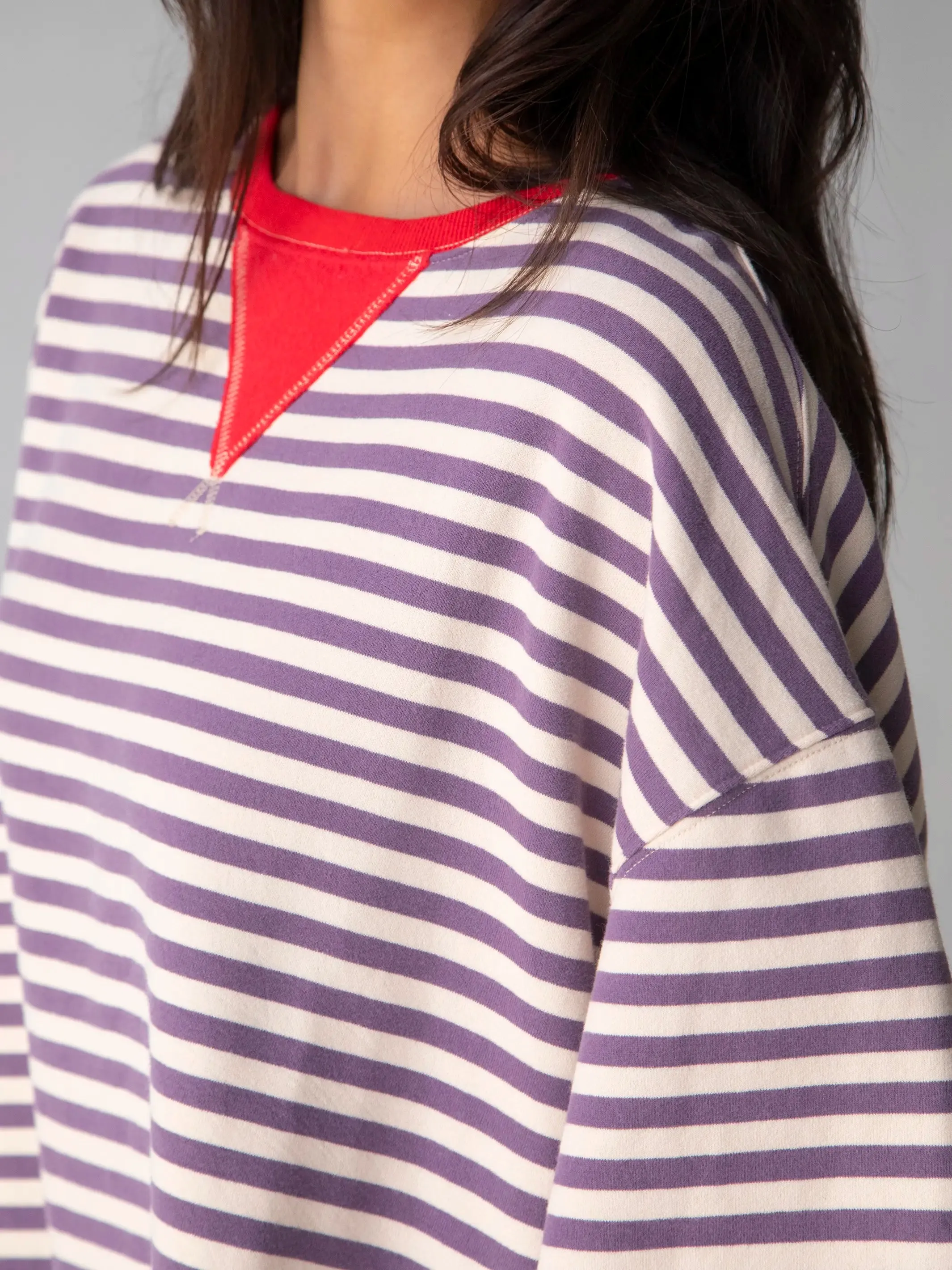 Oversized Striped Sweatshirt - Cream Purple Stripes