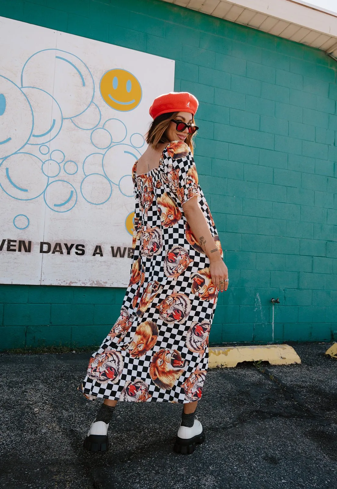 Palm Springs Smocked Dress in Lions, Tigers, Check, Oh My!