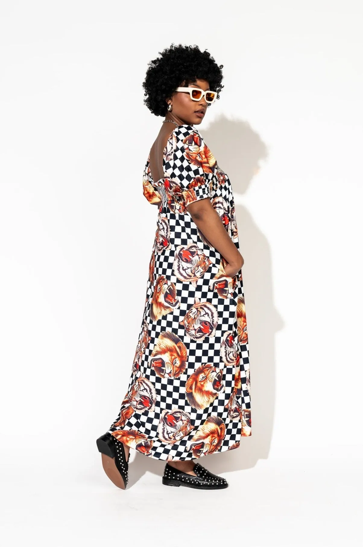 Palm Springs Smocked Dress in Lions, Tigers, Check, Oh My!