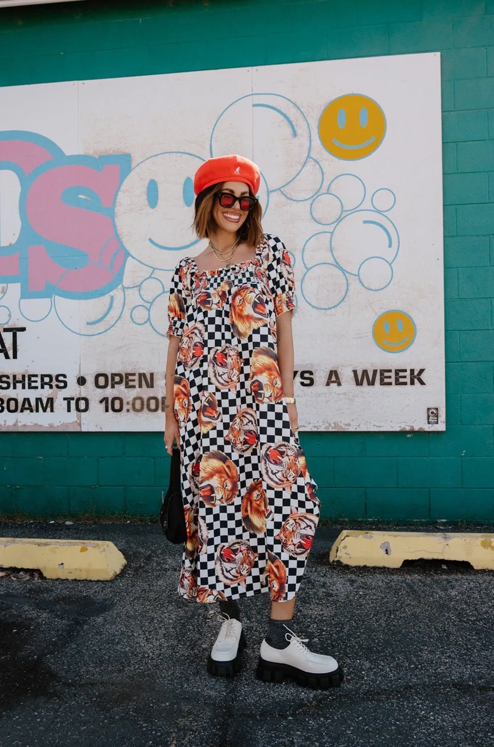 Palm Springs Smocked Dress in Lions, Tigers, Check, Oh My!