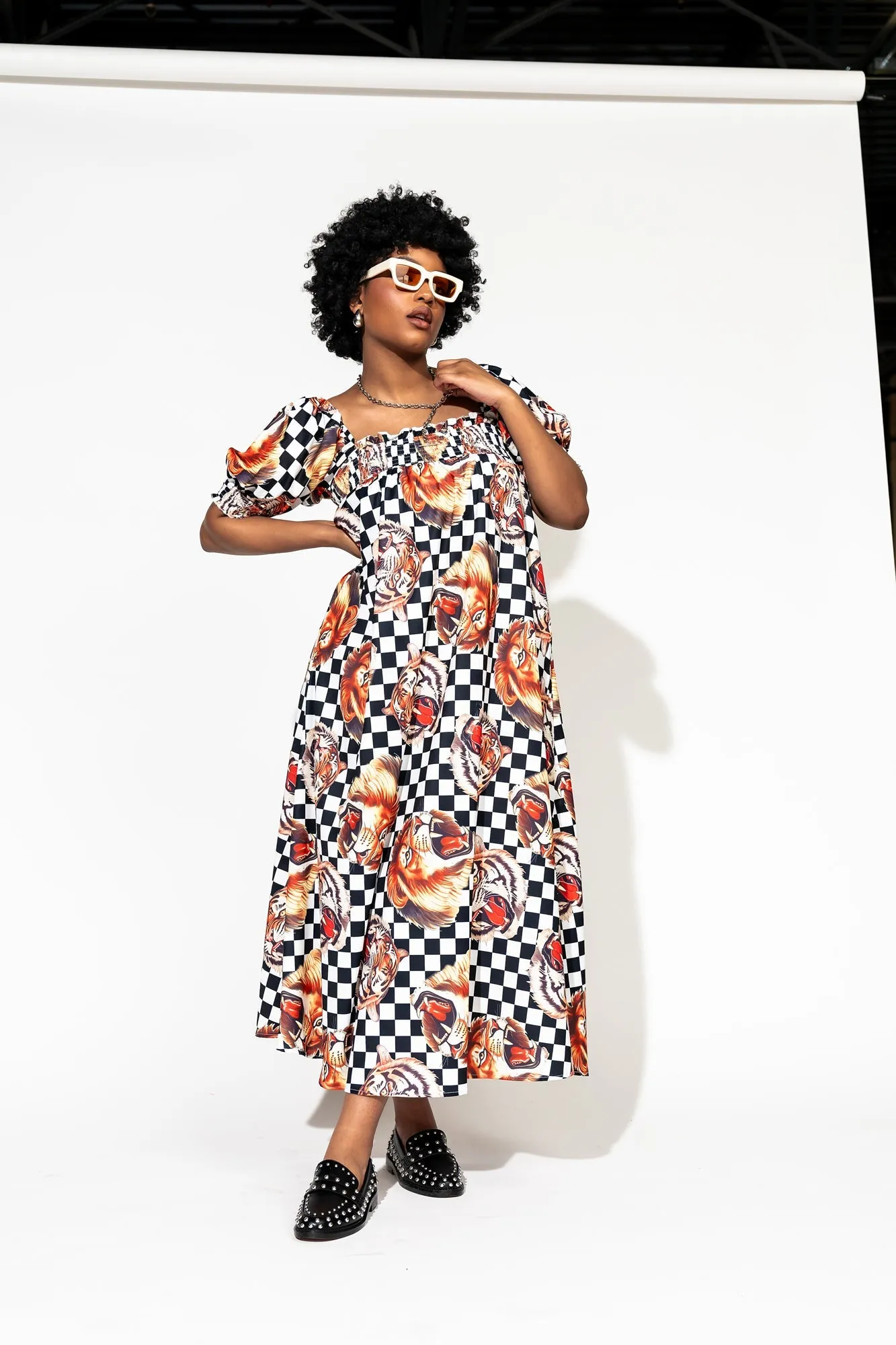 Palm Springs Smocked Dress in Lions, Tigers, Check, Oh My!