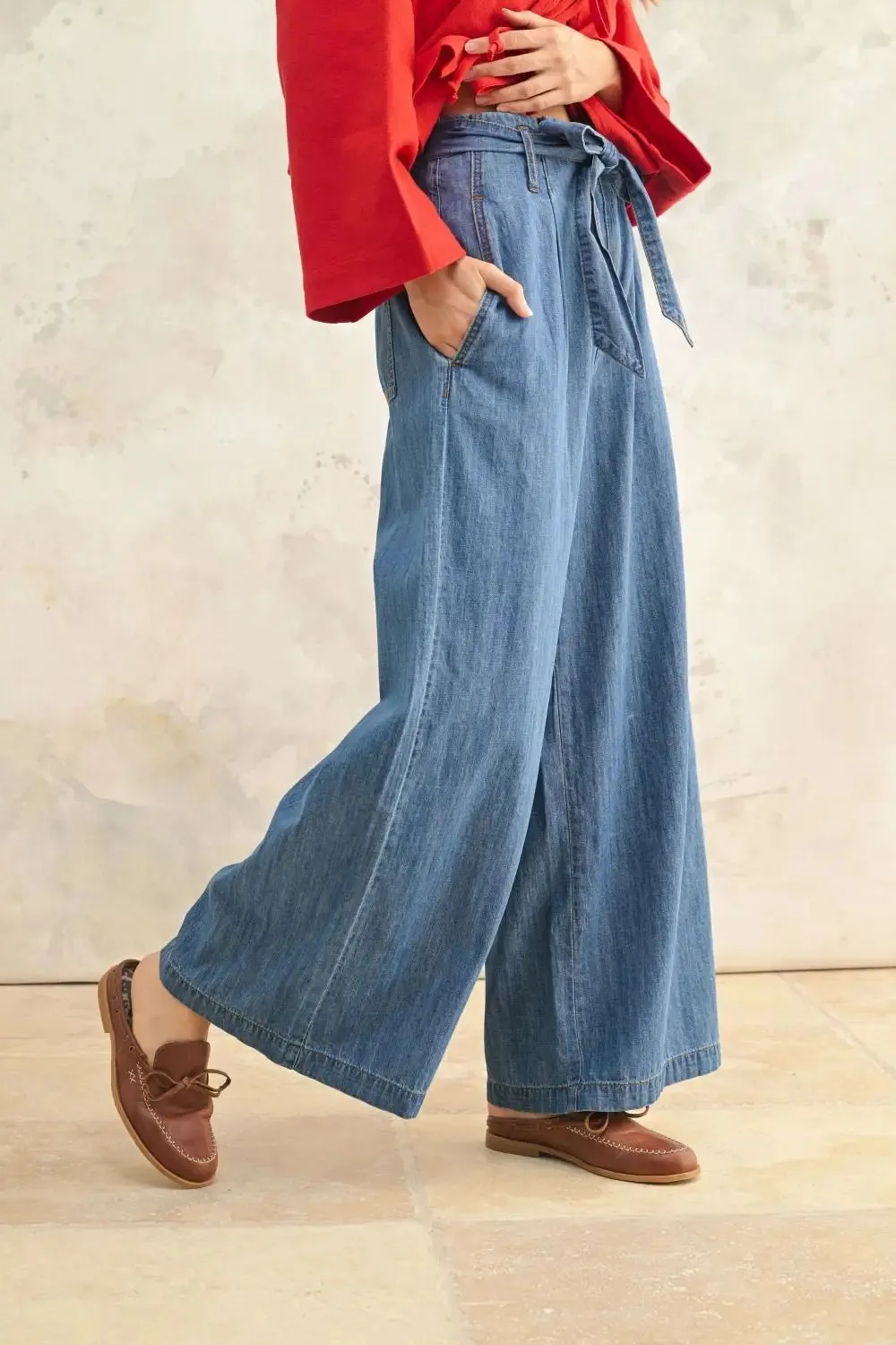 PAPERBAG WAIST CHAMBRAY DENIM TROUSERS