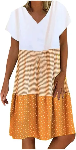 Plus Size Summer Dresses for Women Short Sleeve V Neck Casual Tshirt Dress Loose Fit Patchwork Boho Midi Dress