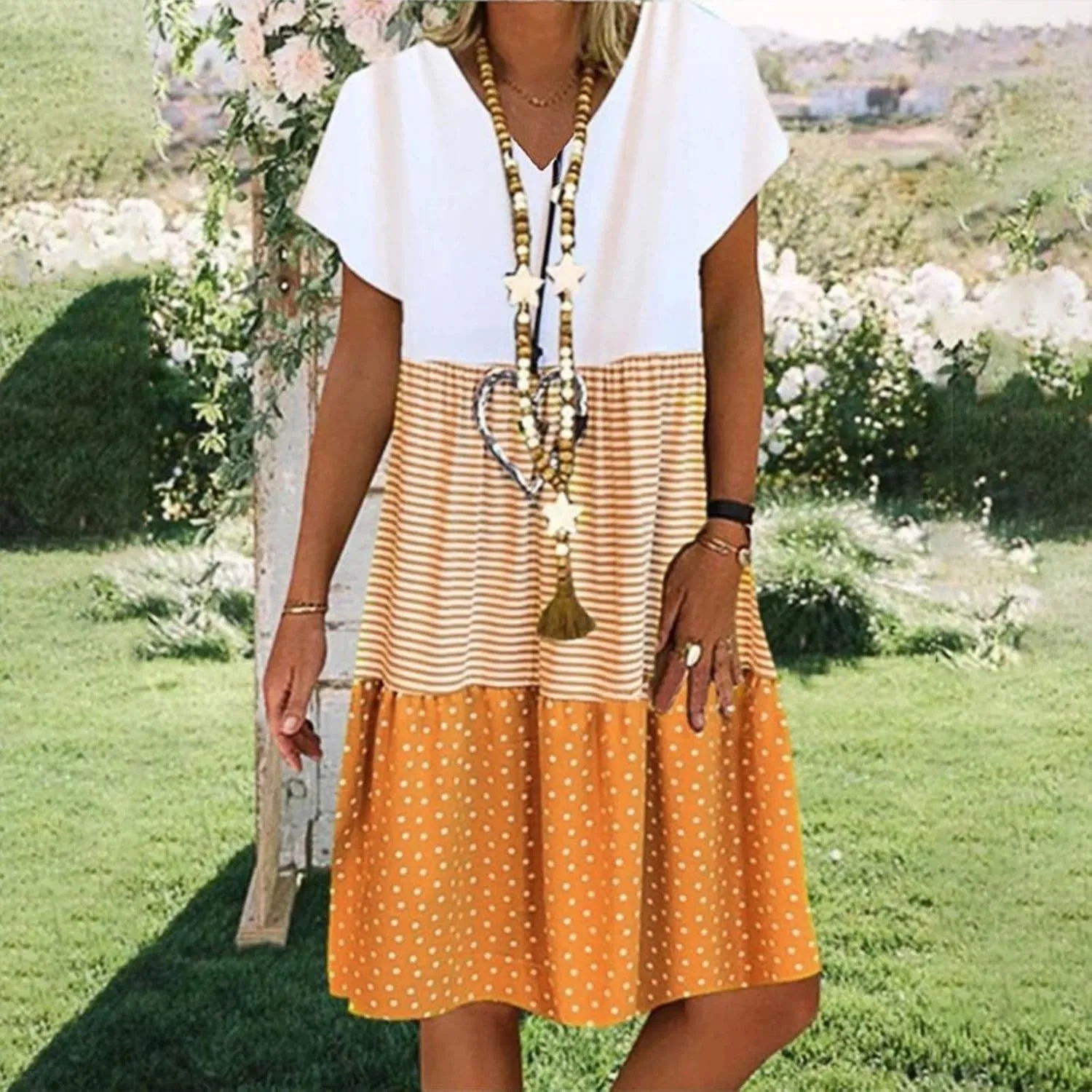 Plus Size Summer Dresses for Women Short Sleeve V Neck Casual Tshirt Dress Loose Fit Patchwork Boho Midi Dress