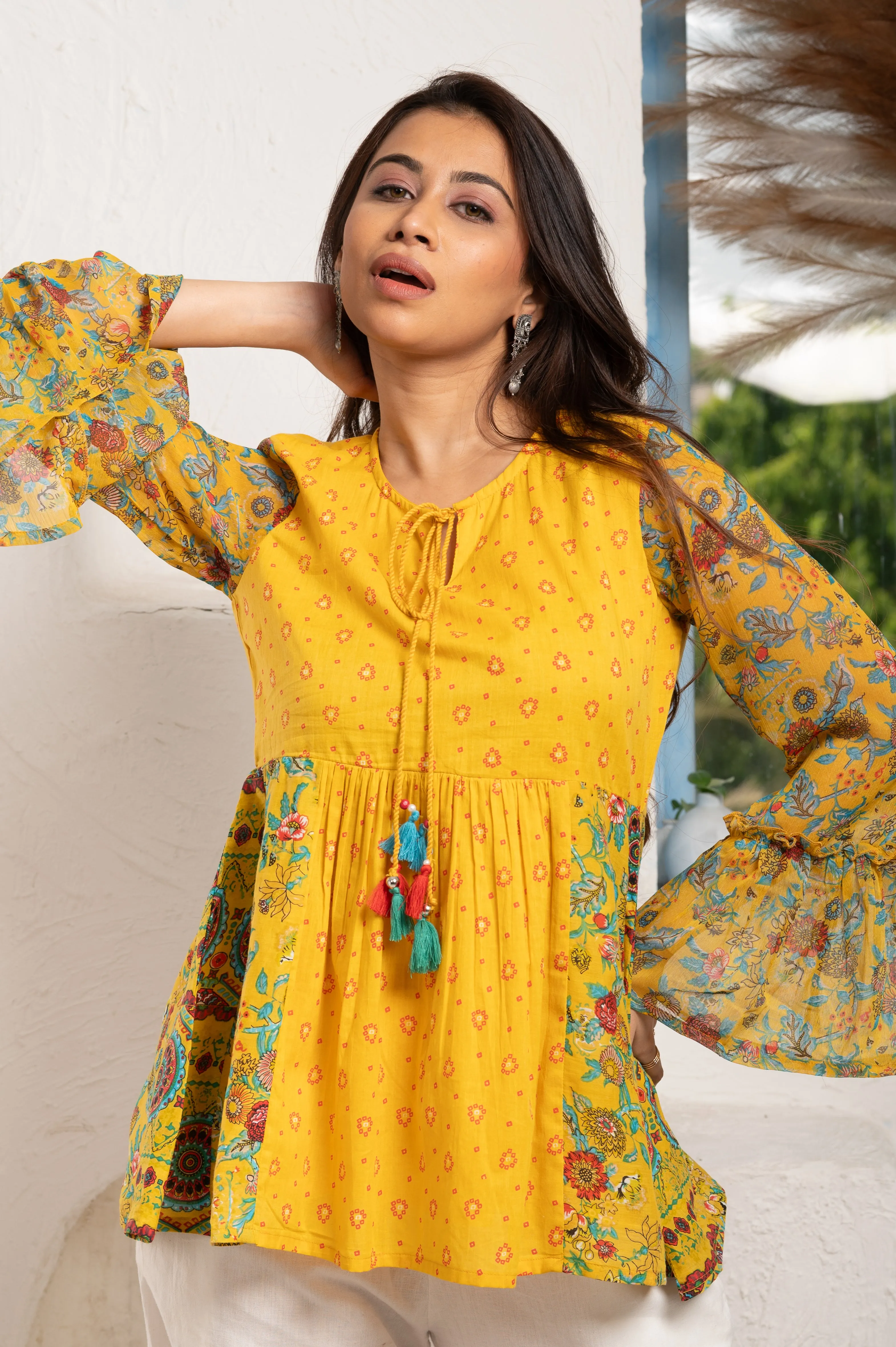 PRINTED MUSTARD COTTON TUNIC