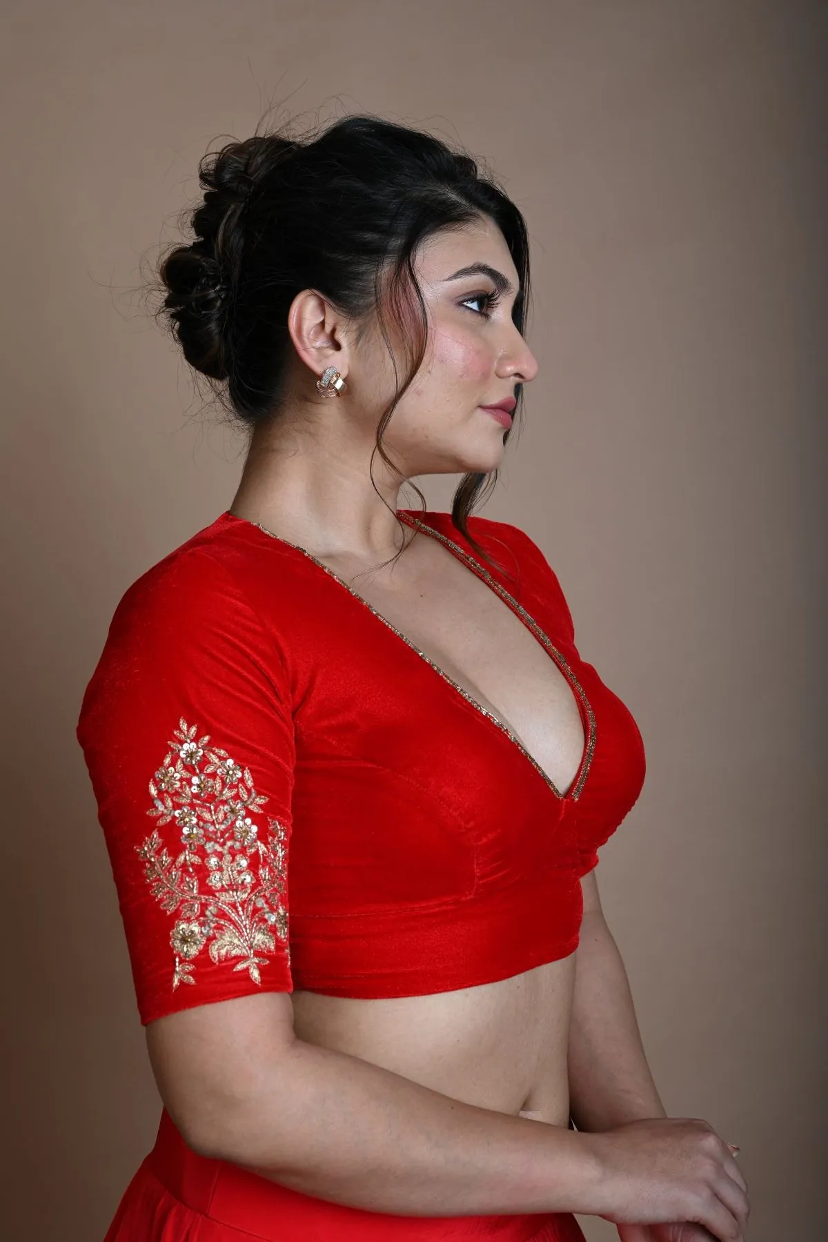Red Bridal  V Neck Blouse in Velvet with Half Sleeves and Hand Embroidery