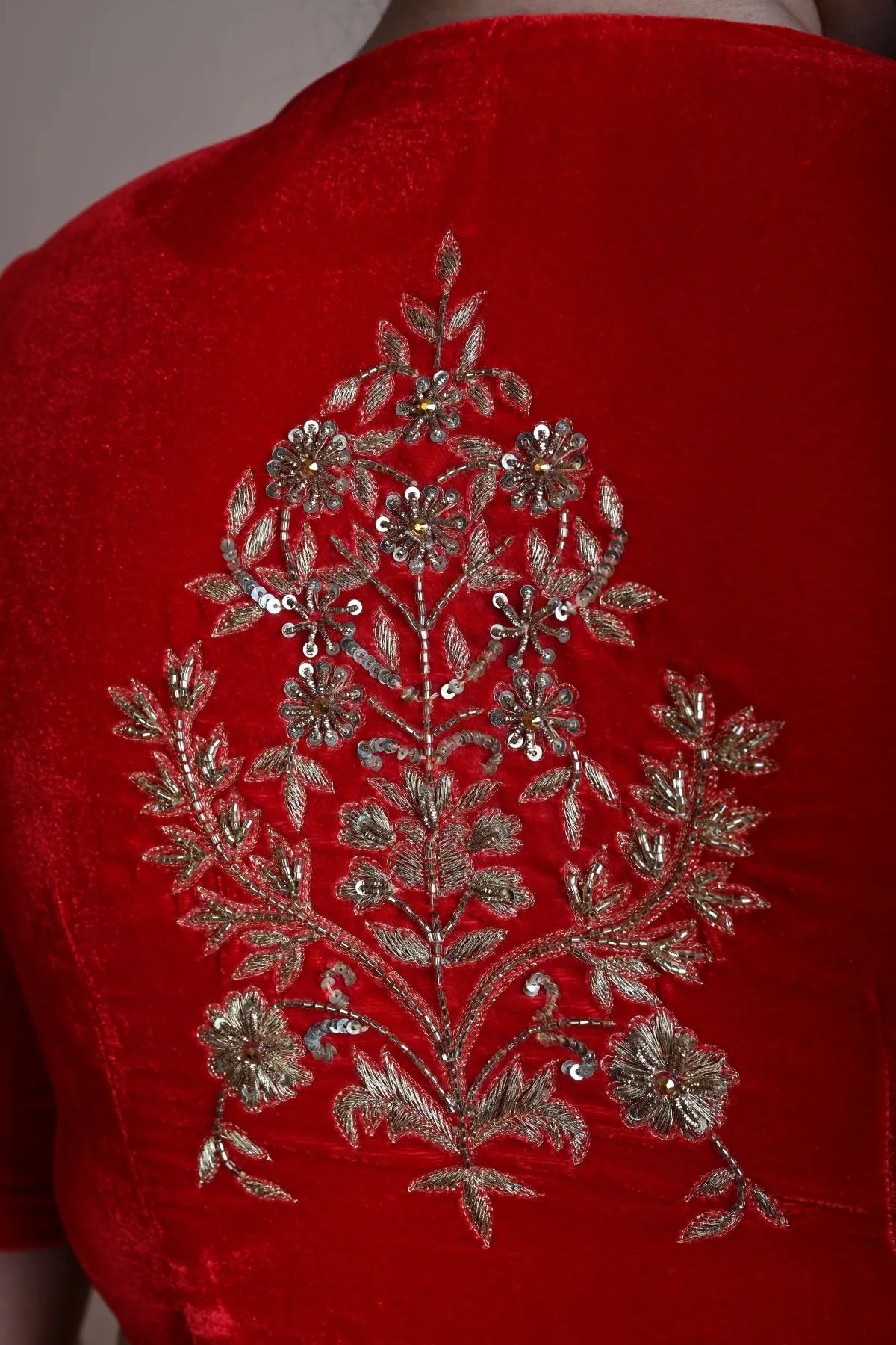 Red Bridal  V Neck Blouse in Velvet with Half Sleeves and Hand Embroidery