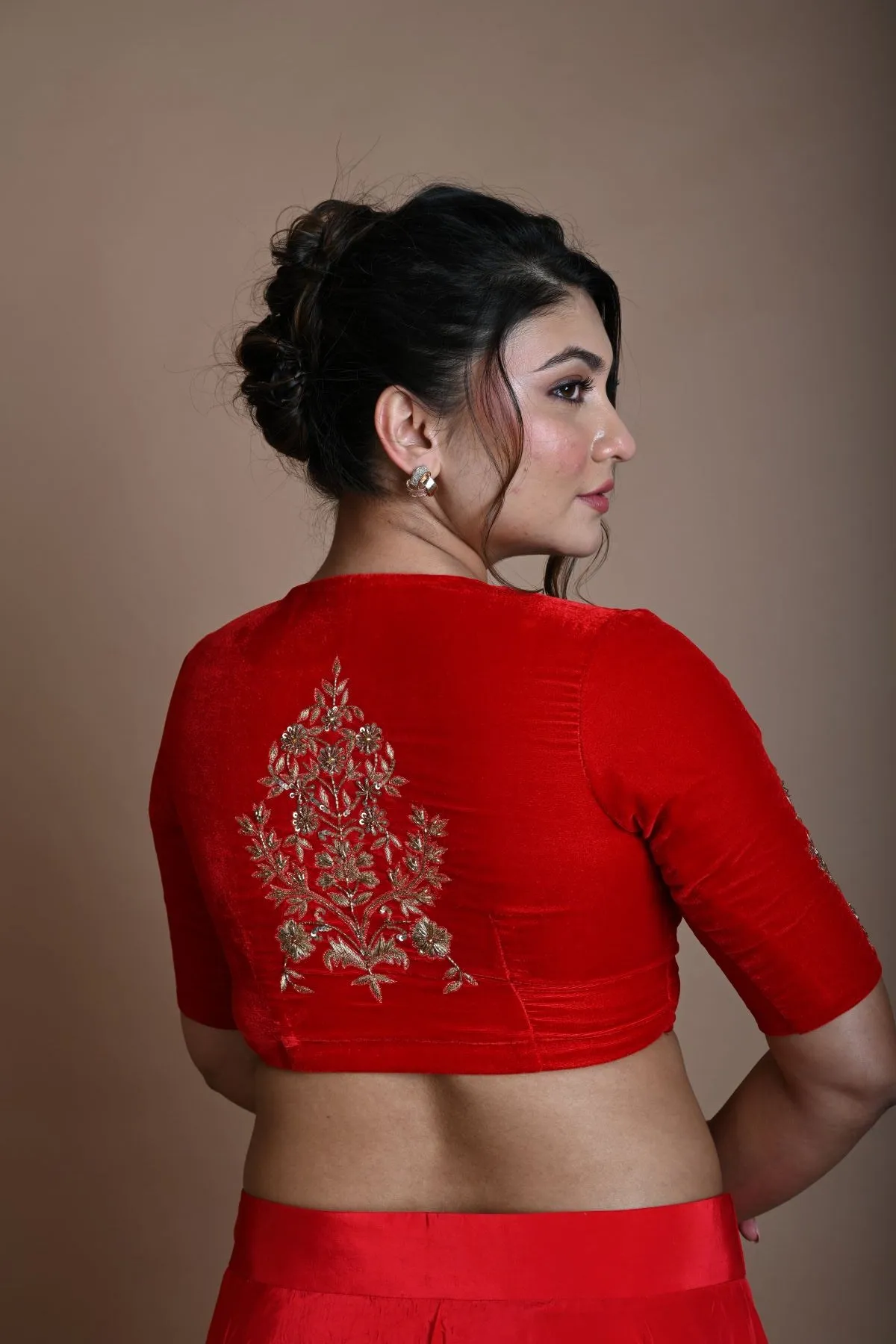 Red Bridal  V Neck Blouse in Velvet with Half Sleeves and Hand Embroidery