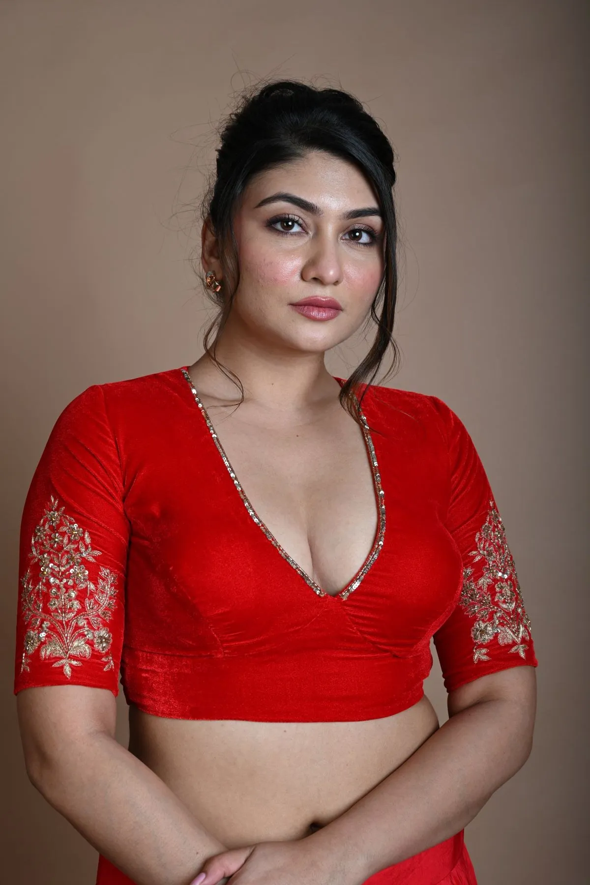 Red Bridal  V Neck Blouse in Velvet with Half Sleeves and Hand Embroidery