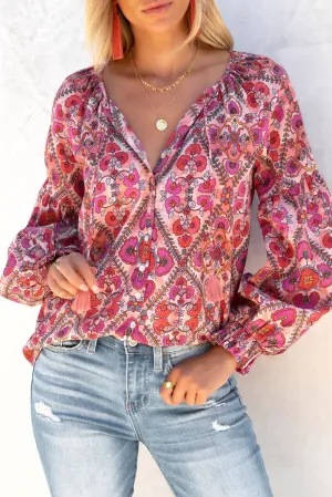 Rose Split Neckline Front Buttons Floral Print Blouse
