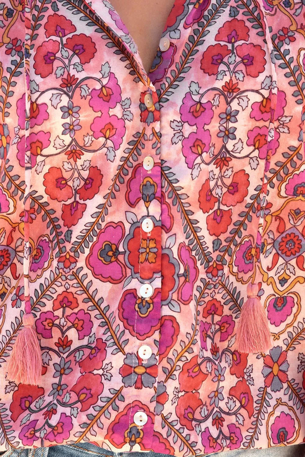 Rose Split Neckline Front Buttons Floral Print Blouse