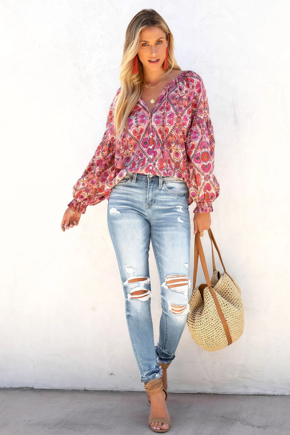 Rose Split Neckline Front Buttons Floral Print Blouse