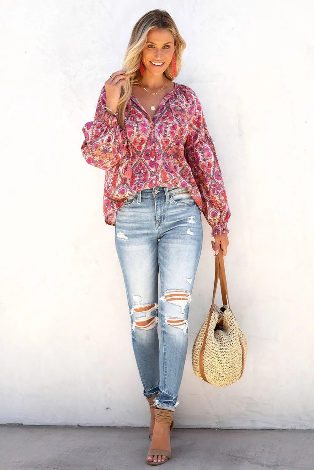 Rose Split Neckline Front Buttons Floral Print Blouse