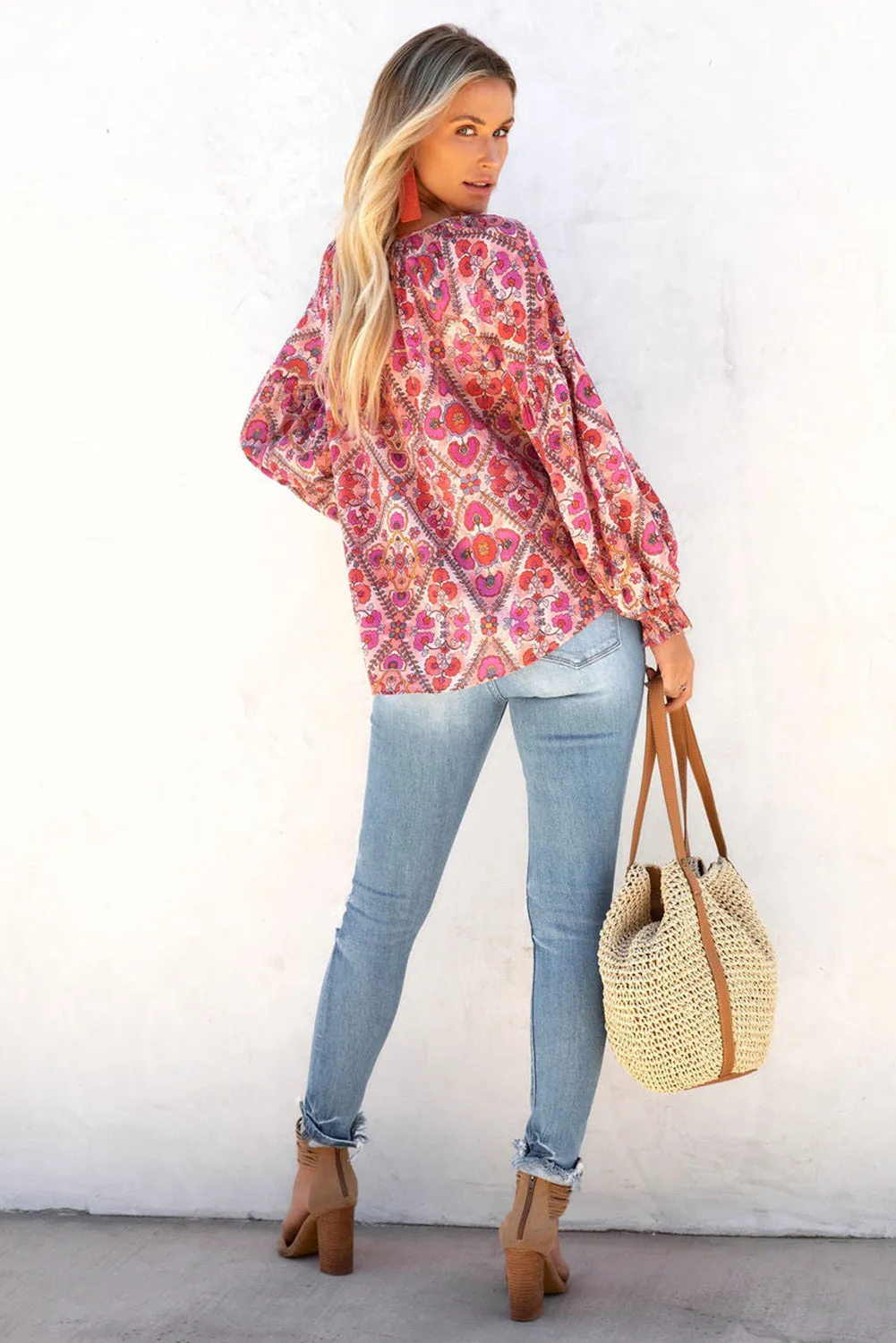 Rose Split Neckline Front Buttons Floral Print Blouse