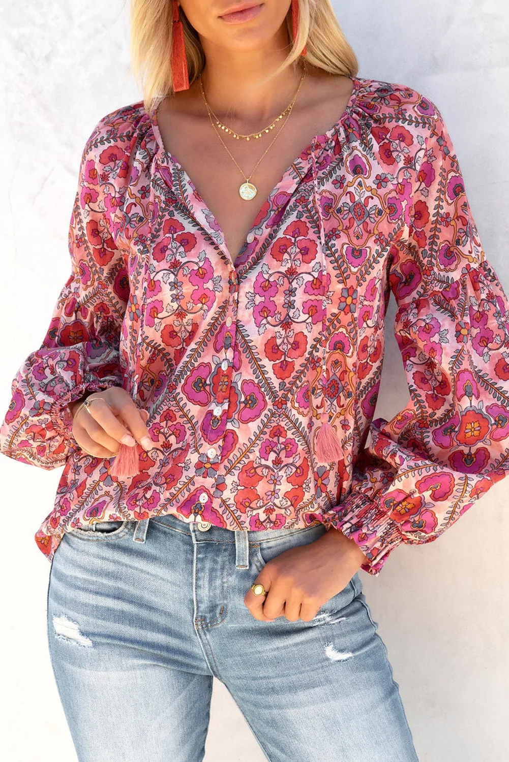 Rose Split Neckline Front Buttons Floral Print Blouse