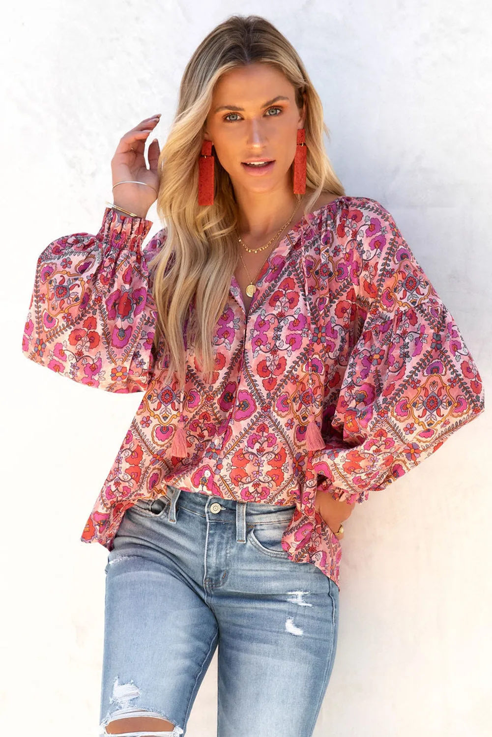 Rose Split Neckline Front Buttons Floral Print Blouse
