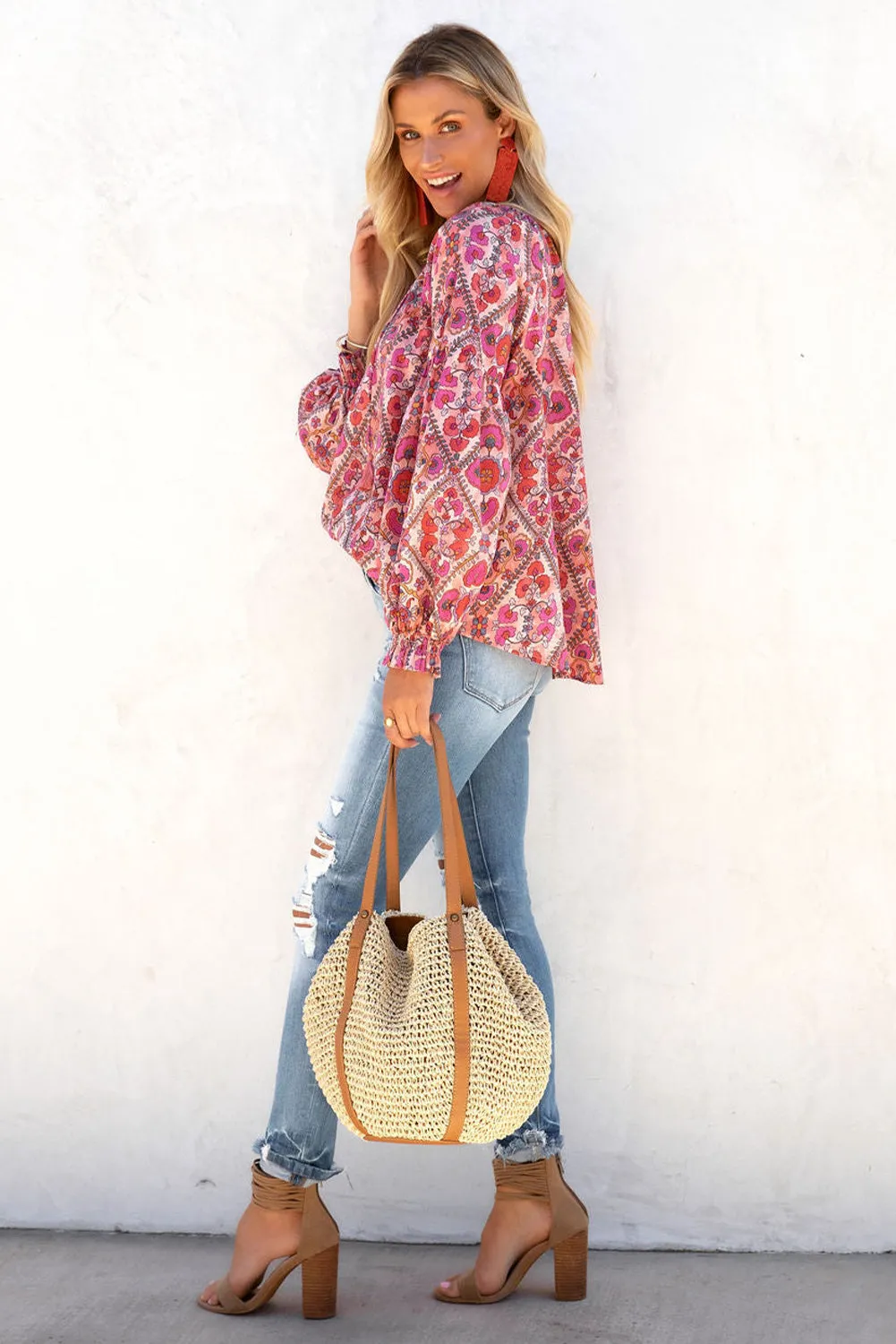 Rose Split Neckline Front Buttons Floral Print Blouse