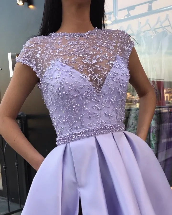 Round Neck Cap Sleeves Purple Lace Prom Dresses Long, Cap Sleeves Purple Long Lace Formal Graduation Evening Dresses