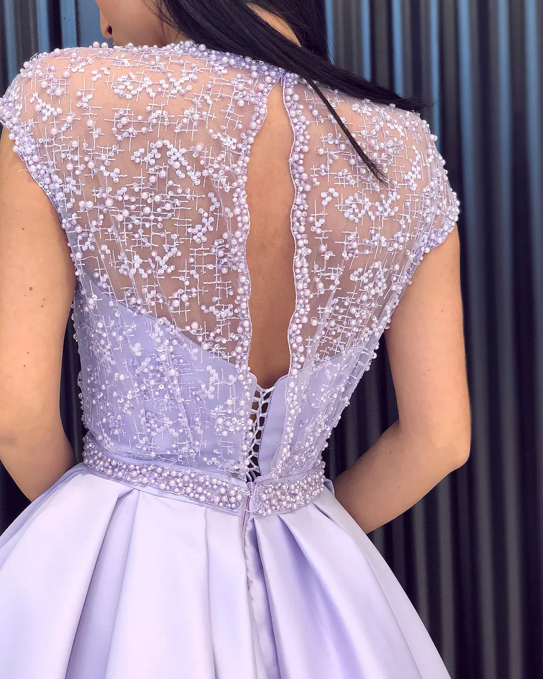 Round Neck Cap Sleeves Purple Lace Prom Dresses Long, Cap Sleeves Purple Long Lace Formal Graduation Evening Dresses