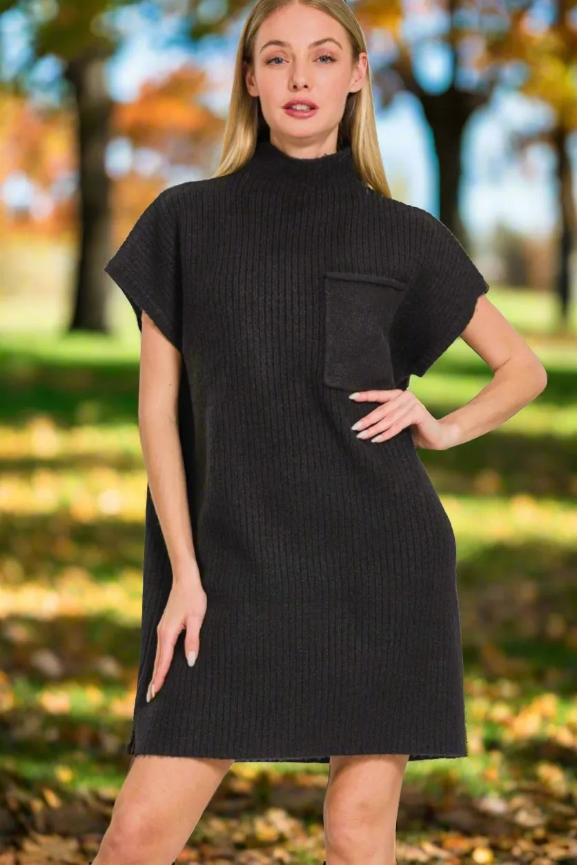 Short Sleeve Mini Sweater Dress in Black