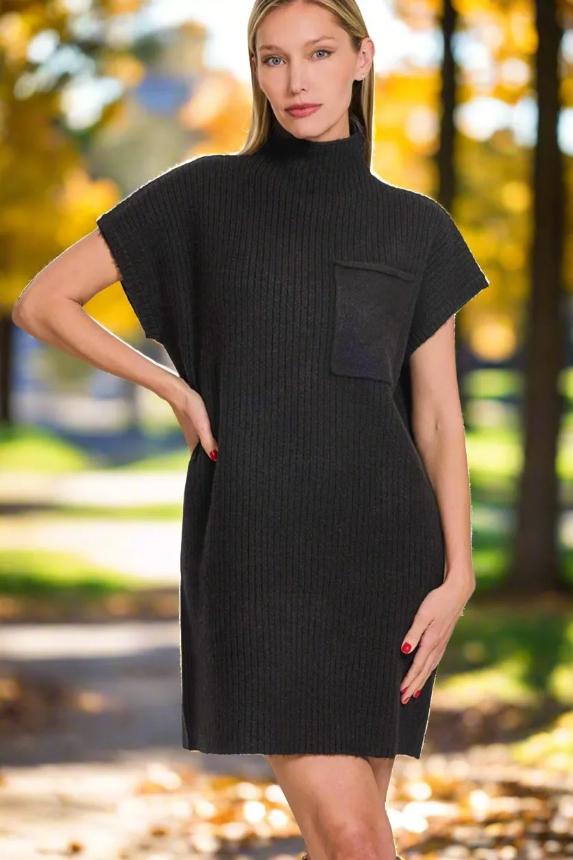 Short Sleeve Mini Sweater Dress in Black