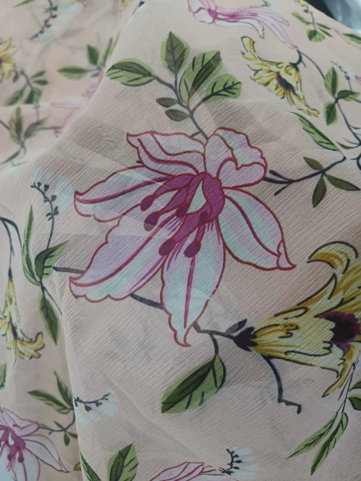 Silk Chiffon Digital Floral Print fabric 60gms 44" wide available in two colors