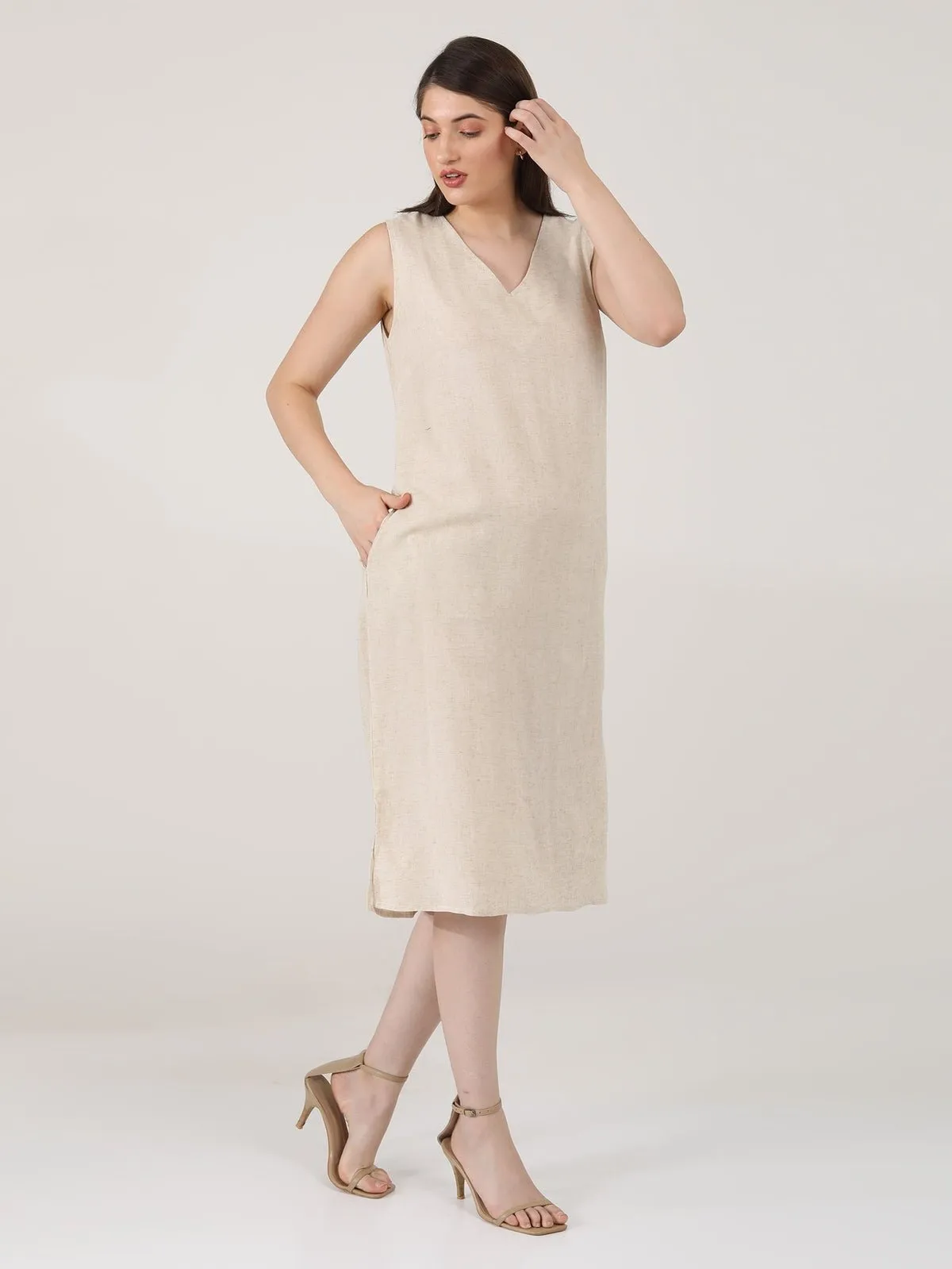 Solid Linen Midi Dress Beige