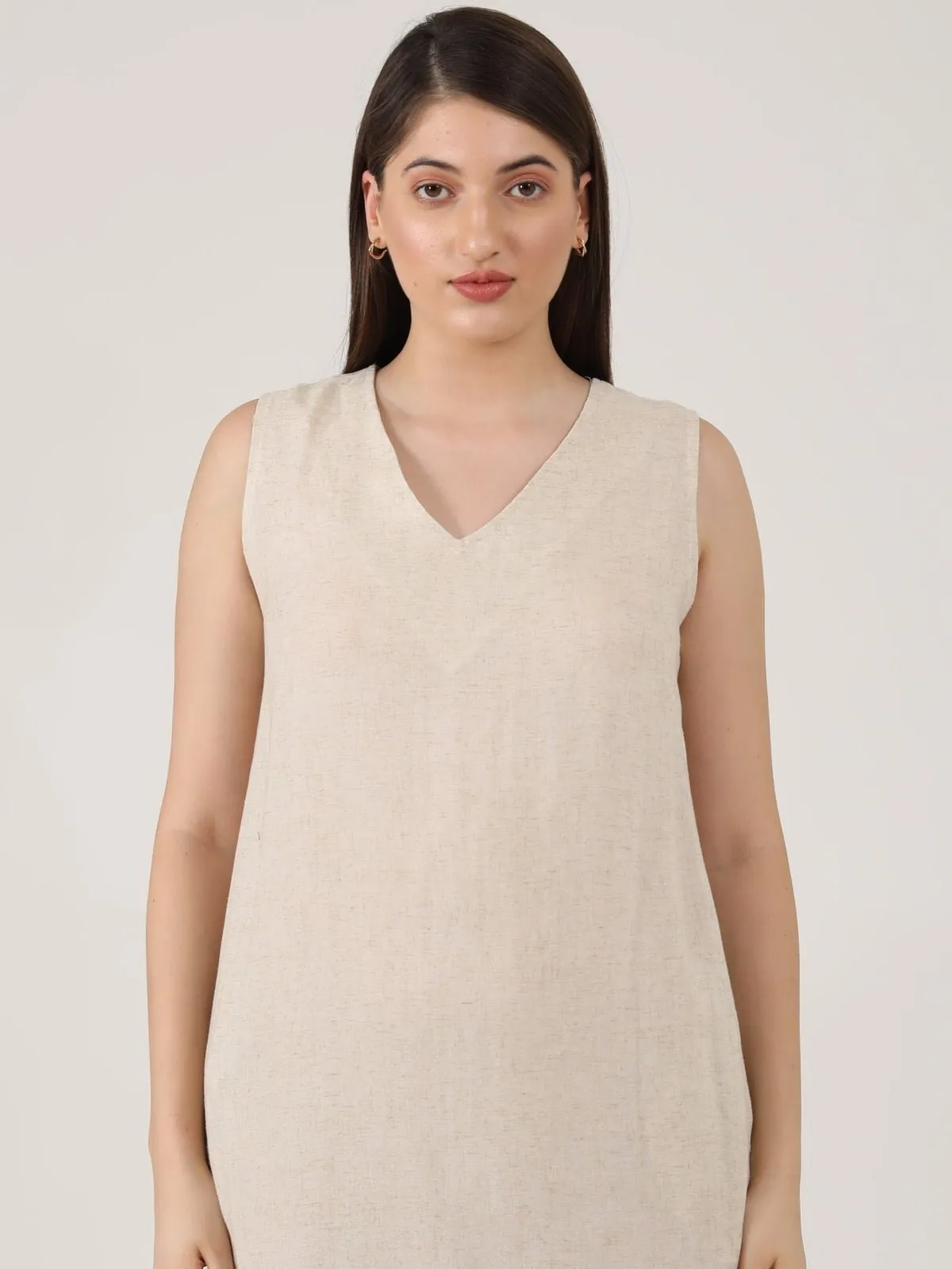 Solid Linen Midi Dress Beige