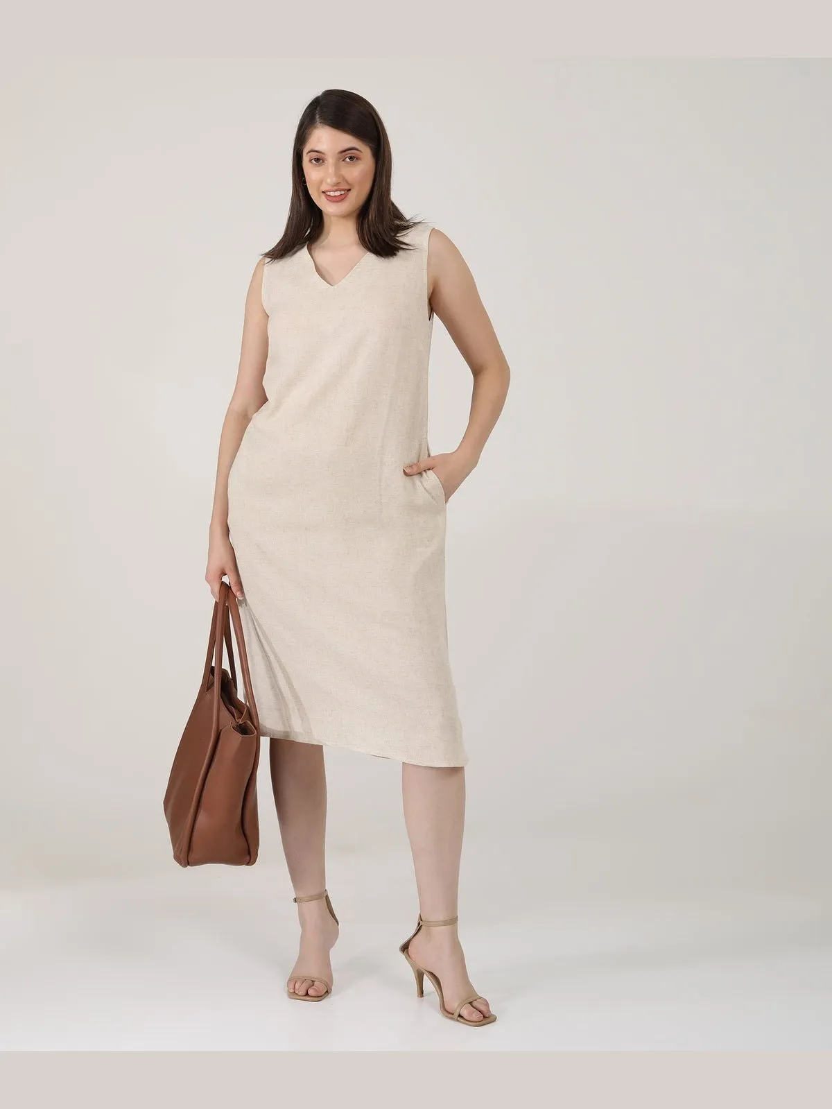Solid Linen Midi Dress Beige