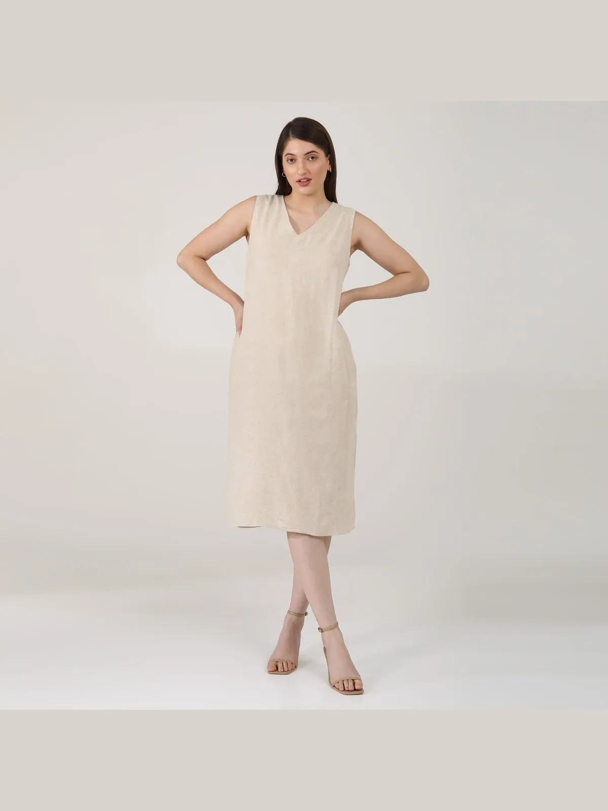 Solid Linen Midi Dress Beige