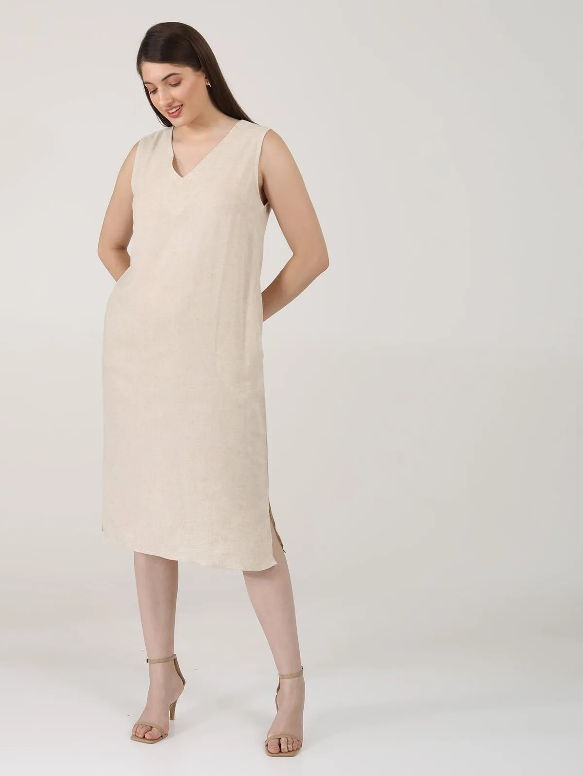 Solid Linen Midi Dress Beige