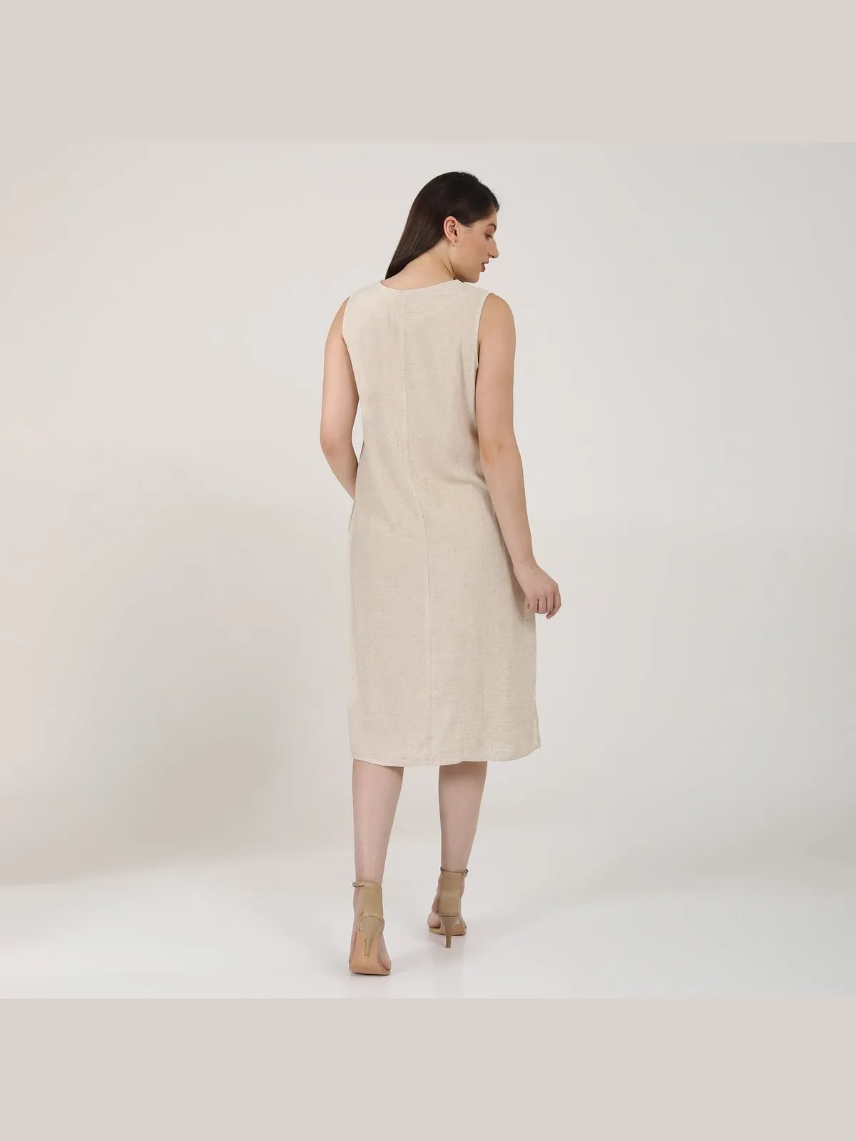 Solid Linen Midi Dress Beige
