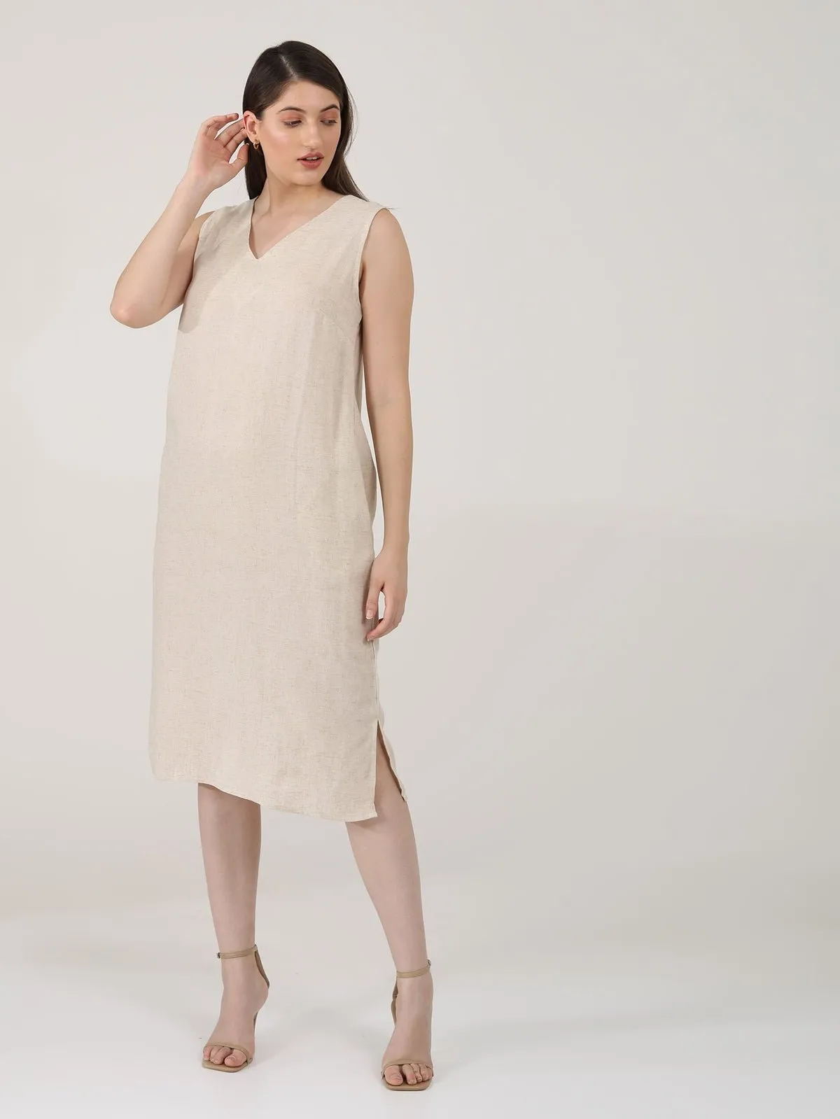 Solid Linen Midi Dress Beige
