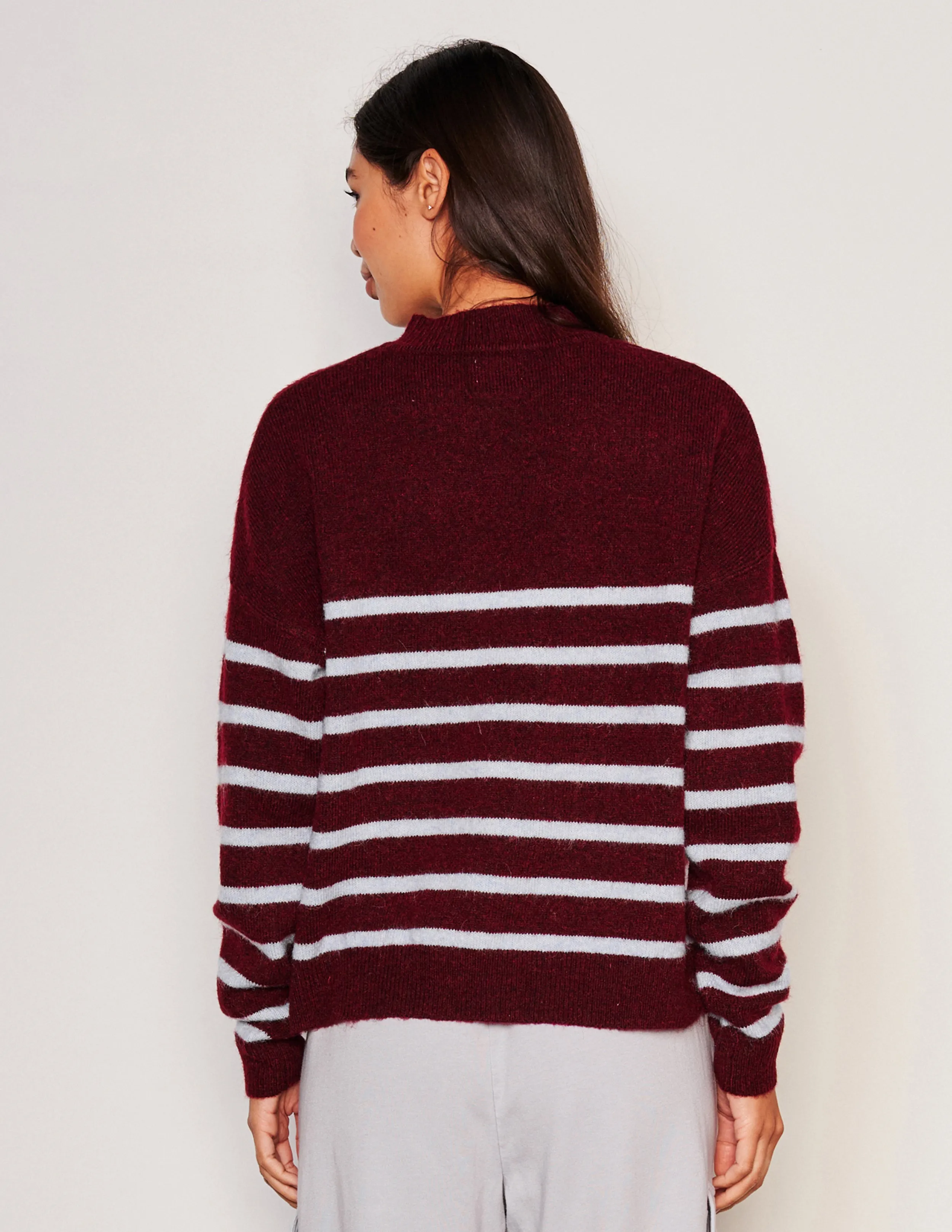 Sundry Stripes Mock Neck Cozy Sweater in Bordeaux
