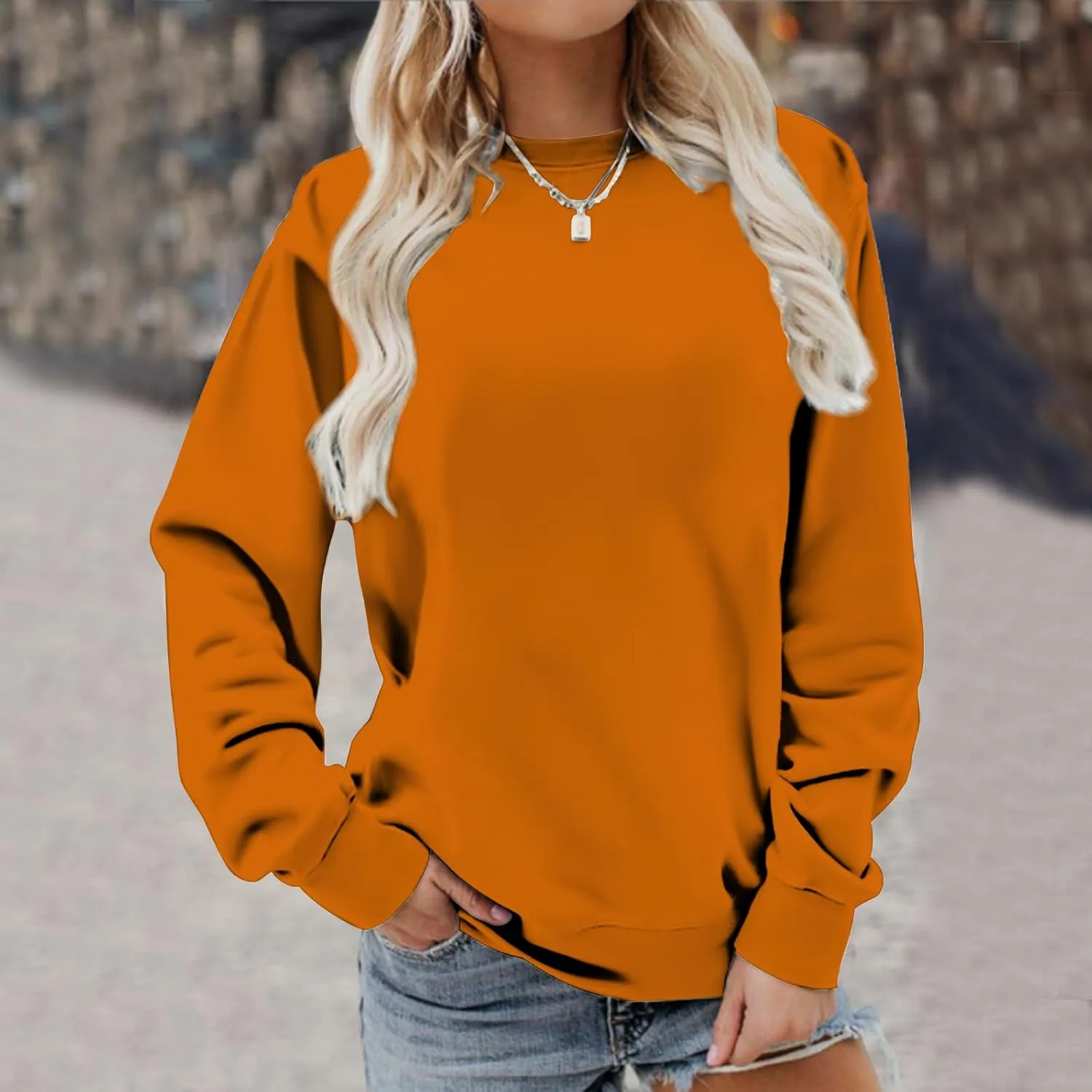 Sweater for Women Round Neck Long Sleeve Sweatshirt Casual Loose Fit Solid Colour Trendy Fall Pullover Tops 2024