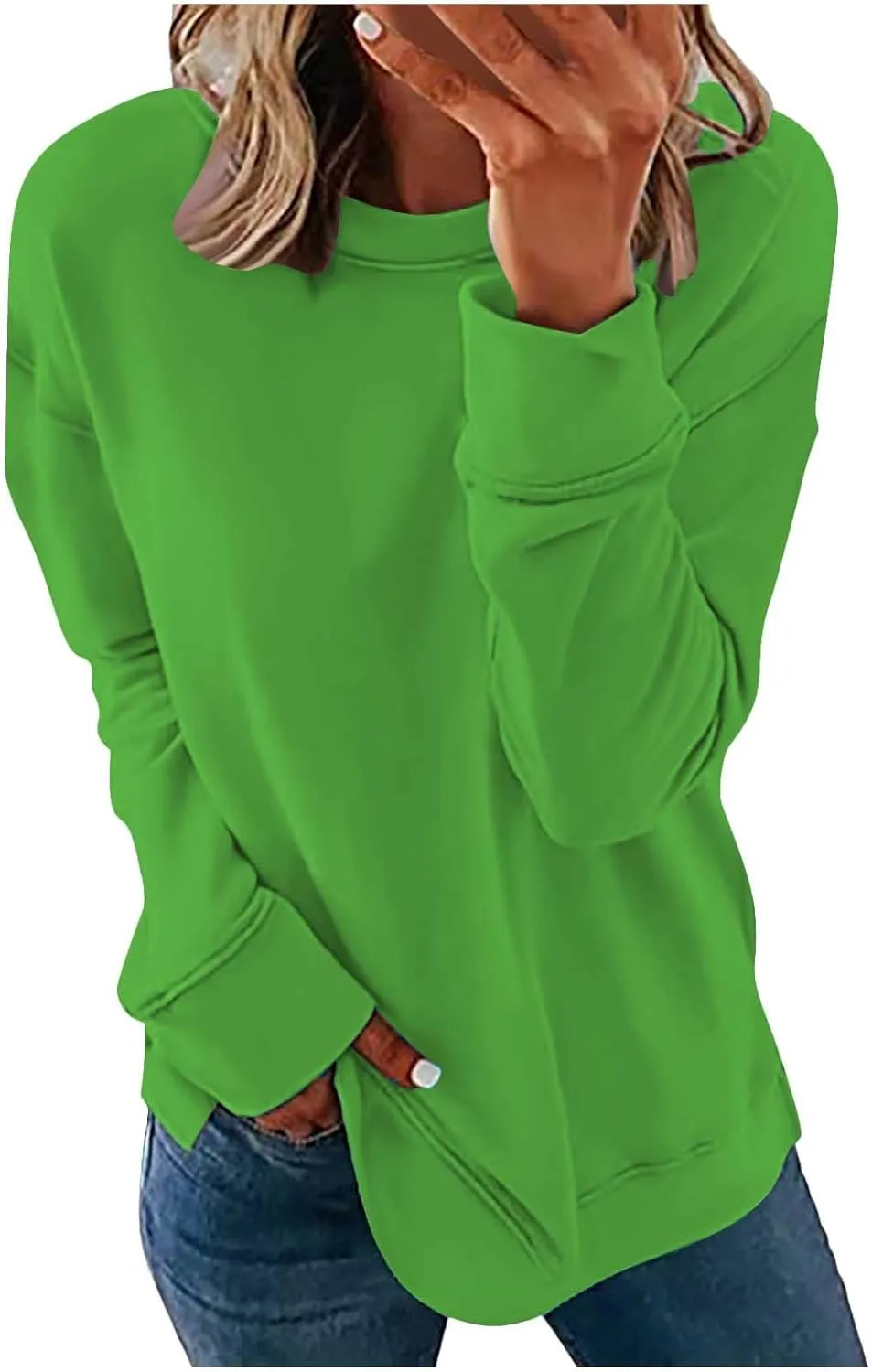 Sweater for Women Round Neck Long Sleeve Sweatshirt Casual Loose Fit Solid Colour Trendy Fall Pullover Tops 2024